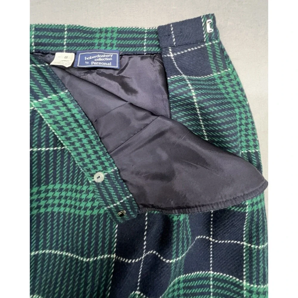 Vintage Wool Skirt 8 Blue Green Tartan Plaid Pleated Midi‎ Pocket Preppy Classic